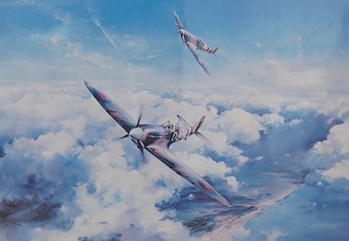 After Robert Taylor (b.1946), two colour prints comprising, ‘Duel of the Eagles’, signed by Douglas Bader and Adolf Galland, and ‘Spitfire’, first edition print signed by Douglas Bader and Air Vice Marshall Johnnie Johns